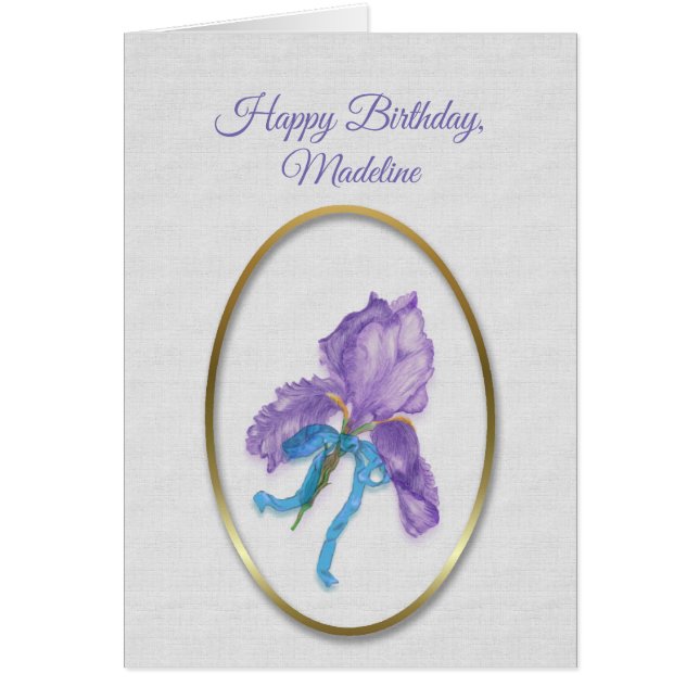 Happy Birthday, (custom name) Purple Iris Cards (Front)