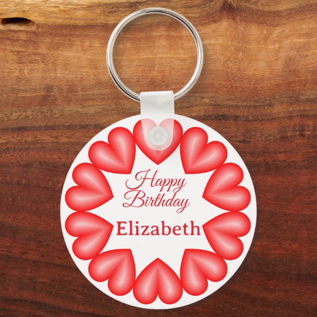 Happy birthday custom name red hearts circle frame keychain (Back)