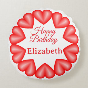 Happy birthday custom name red hearts circle frame round pillow
