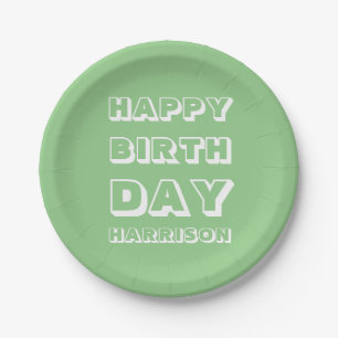 Happy Birthday Custom Name sage green modern Paper Plates