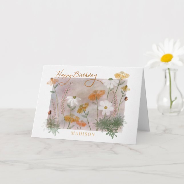 Happy Birthday Custom Name Watercolor Wildflowers Card (Small Plant)