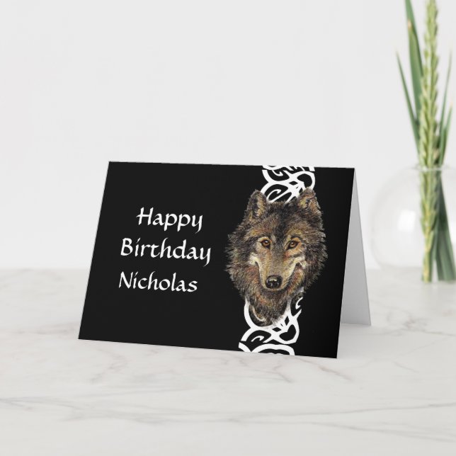 Happy Birthday Custom Name Wild Grey Wolf Head Card (Front)
