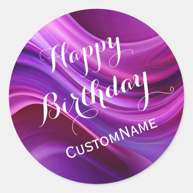 Happy Birthday Custom Personalized Name Purple Classic Round Sticker (Front)