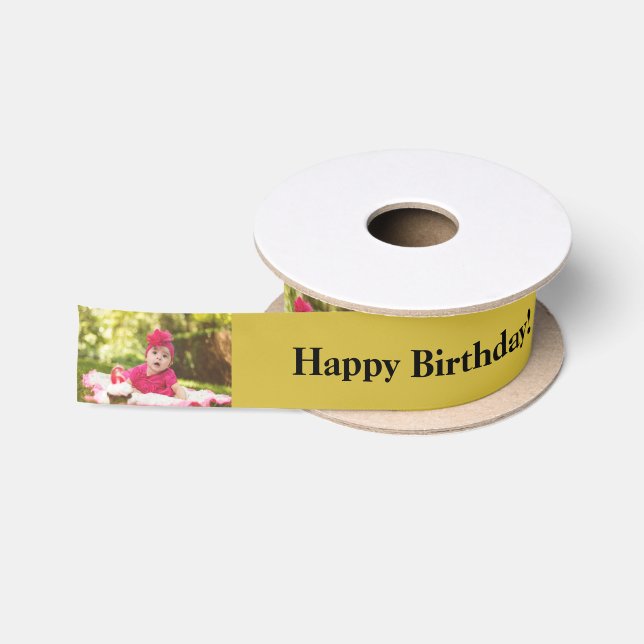 Happy Birthday Custom Photo and name Gold & Black  Satin Ribbon (Spool)