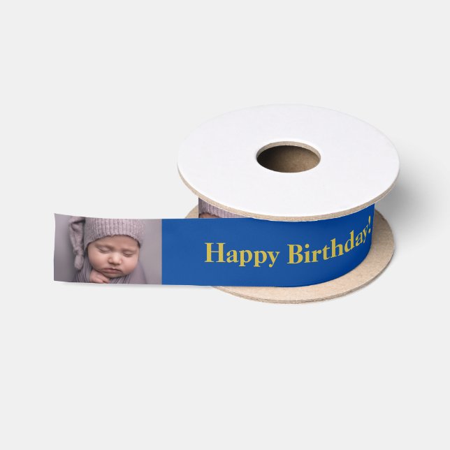 Happy Birthday Custom Photo and name Gold & Blue Satin Ribbon (Spool)