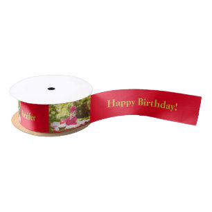 Happy Birthday Custom Photo and name Gold & Red Satin Ribbon