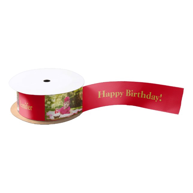 Happy Birthday Custom Photo and name Gold & Red Satin Ribbon (Spool)
