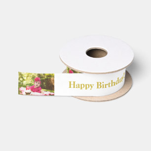 Happy Birthday Custom Photo and name Gold & White Satin Ribbon
