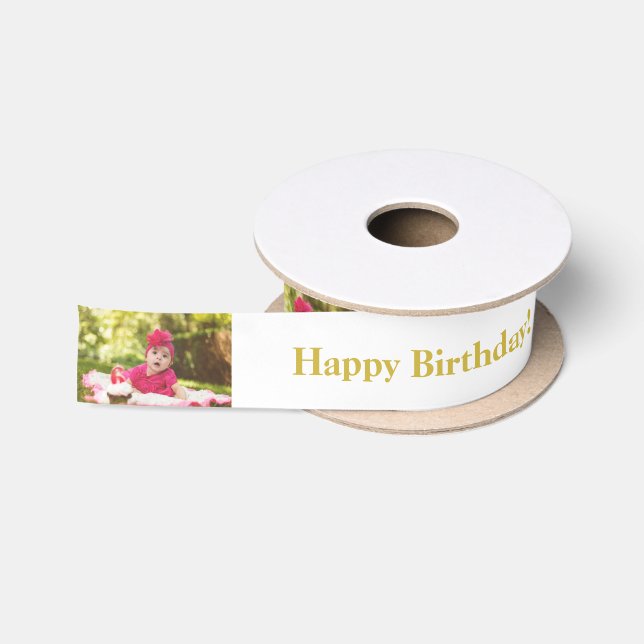 Happy Birthday Custom Photo and name Gold & White Satin Ribbon (Spool)