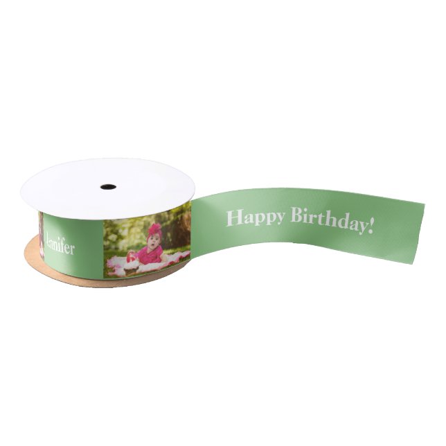 Happy Birthday Custom Photo and name Green & White Satin Ribbon (Spool)