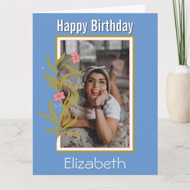 Happy Birthday Custom Photo Blue Border Card (Front)