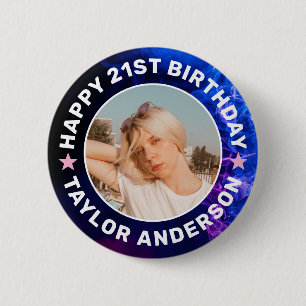 Happy Birthday Custom Photo Blue Smoke Smoky Button