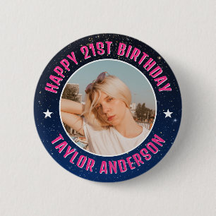 Happy Birthday Custom Photo Cosmic Galaxy Button