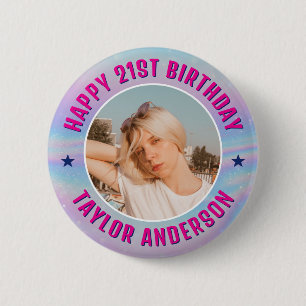 Happy Birthday Custom Photo Iridescent Rainbow  Button