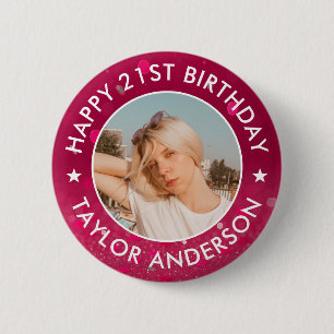 Happy Birthday Custom Photo Pink Confetti Button
