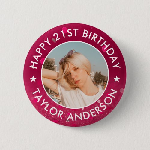 Happy Birthday Custom Photo Pink Confetti Button