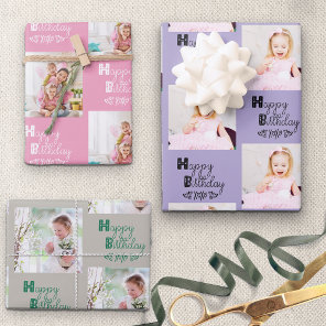 Happy Birthday Custom Photo Pink Lavender Set of 3 Wrapping Paper Sheets