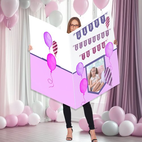 Happy Birthday Custom Photo Pink Purple Balloons Card