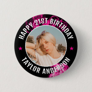 Happy Birthday Custom Photo Pink Smoky Effect Button