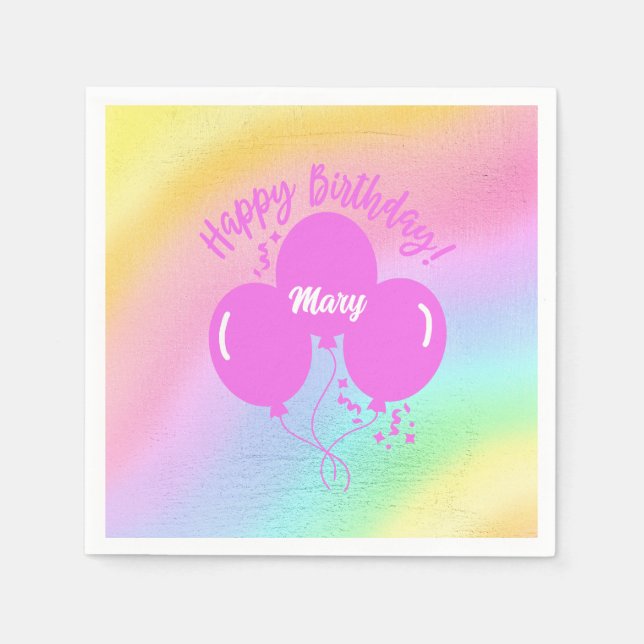 Happy Birthday Custom Rainbow Hot Pink Balloons Napkins (Front)
