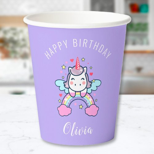 Happy Birthday Custom Text Cute Rainbow Unicorn Paper Cups