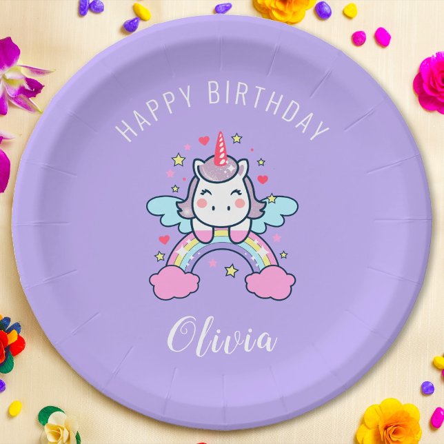 Happy Birthday Custom Text Cute Rainbow Unicorn Paper Plates (Creator Uploaded)