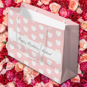 Happy Birthday Custom Text Elegant Hearts Pattern Large Gift Bag
