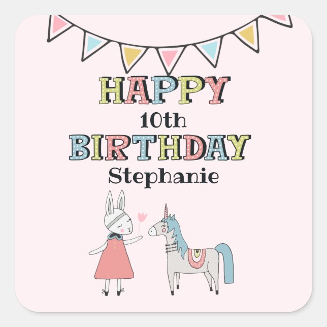 Happy Birthday Custom Year Name Square Sticker (Front)