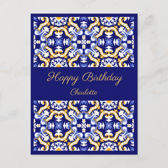Happy Birthday customizable blue Azulejos  Postcard (Front)