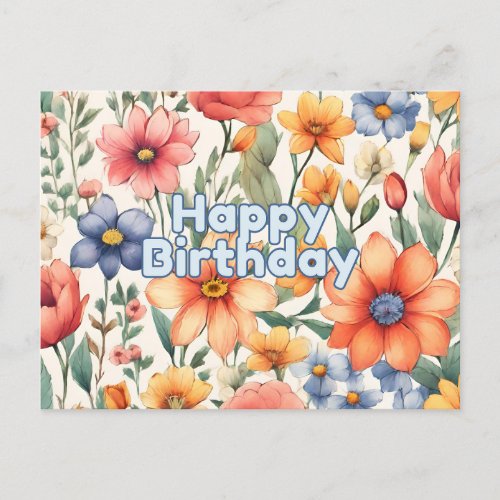 Happy Birthday Cute Abstract Watercolor Flowers  Postcard