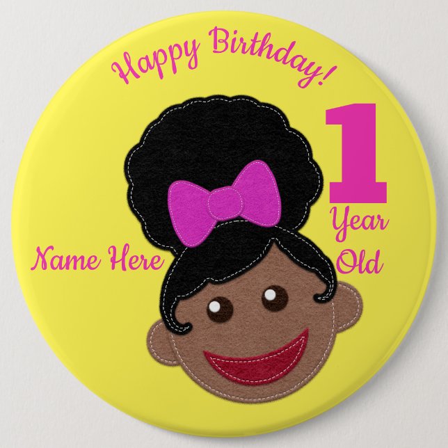 Happy Birthday! Cute Afro Puff Hair Girl Button (Front)