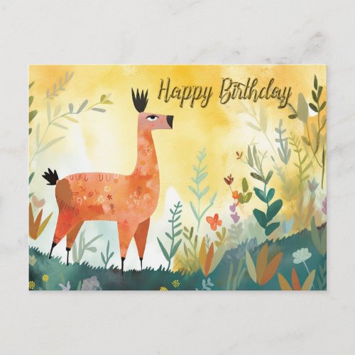 Happy Birthday Cute Alpaca and Abstract Nature  Postcard