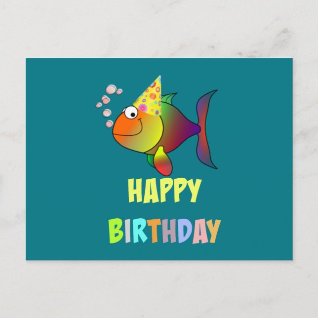 Happy birthday, cute and colorful cartoon fish postcard (Front)