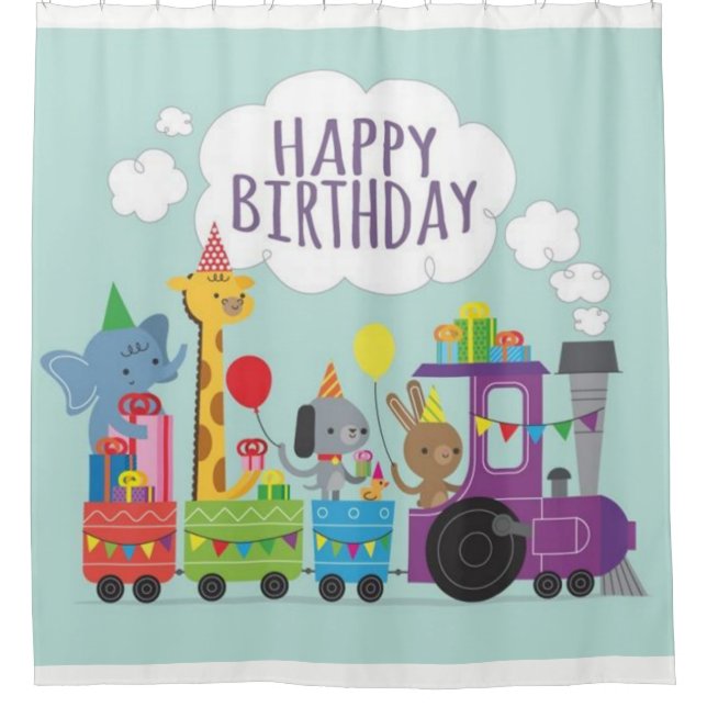 Happy Birthday Cute Animal Train Shower Curtain (Front)