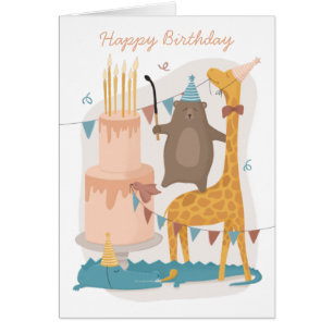 Happy birthday. Cute animals. Funny bear giraffe