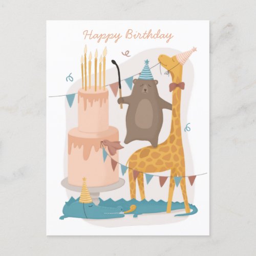 Happy birthday Cute animals Funny bear giraffe Postcard