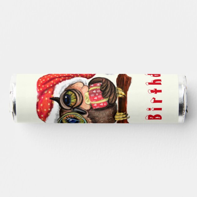 Happy Birthday - Cute Baby Owl In Hat and Gift Breath Savers® Mints (Front)