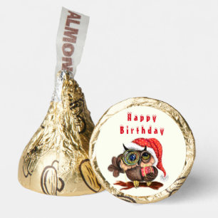 Happy Birthday - Cute Baby Owl In Hat and Gift Hershey®'s Kisses®