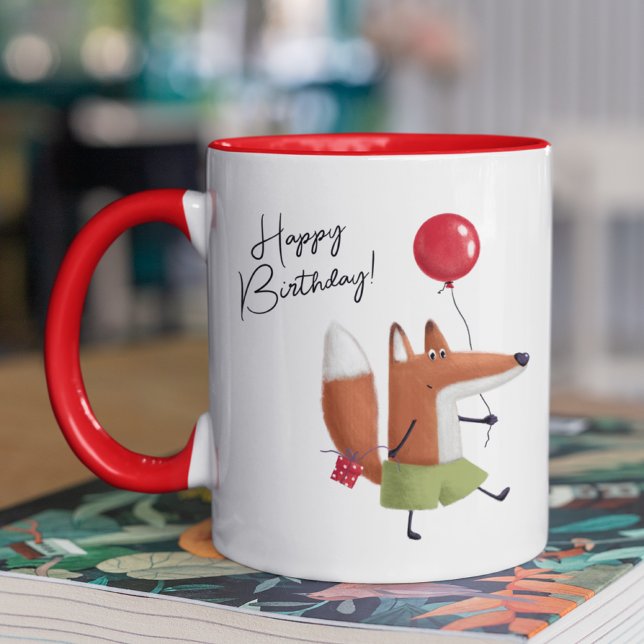 Happy Birthday Cute Balloon Fox Personalized Name Mug (Creator Uploaded)