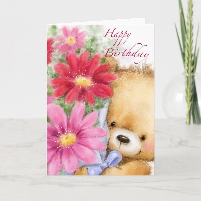 Happy Birthday, Cute Bear Holding Flowers. Card (Front)