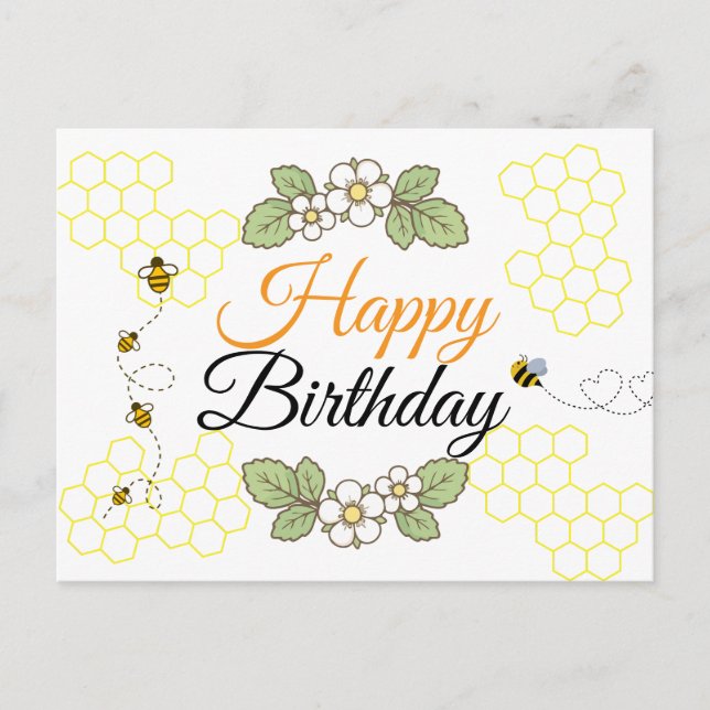 Happy birthday Cute bee Botanical  Holiday Postcard (Front)