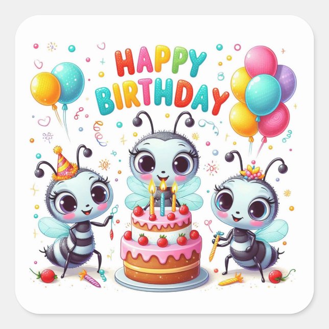 Happy Birthday Cute Bees Celebrating  Square Sticker (Front)