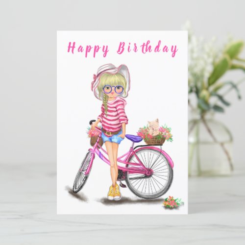 Happy Birthday _ Cute Blonde Girl with Pink Bike 