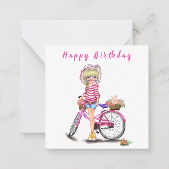 Happy Birthday - Cute Blonde Girl with Pink Bike Note Card (Front)