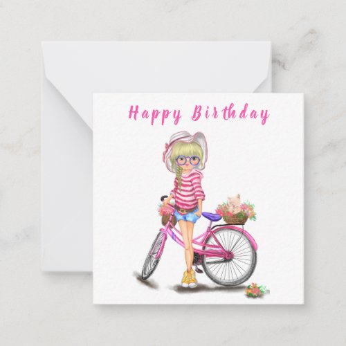 Happy Birthday _ Cute Blonde Girl with Pink Bike Note Card