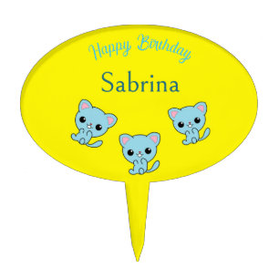 Happy birthday cute bouncy blue kittens yellow cake topper