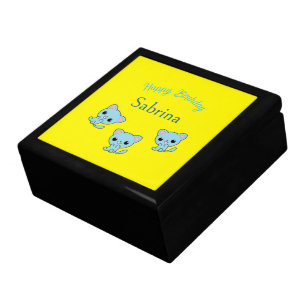 Happy birthday cute bouncy blue kittens yellow gift box