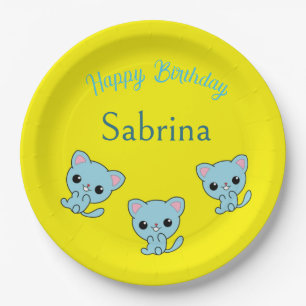 Happy birthday cute bouncy blue kittens yellow paper plates