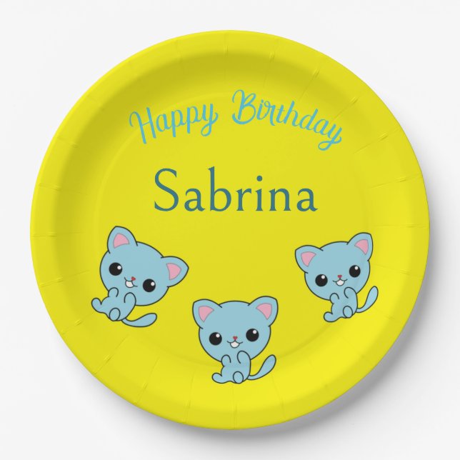 Happy birthday cute bouncy blue kittens yellow paper plates (Front)