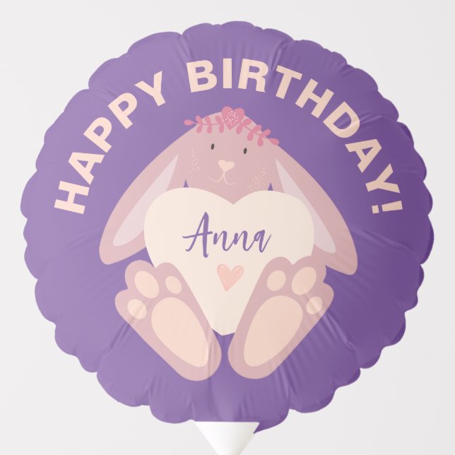 Happy Birthday Cute Bunny Purple Cartoon Party Balloon (Front)